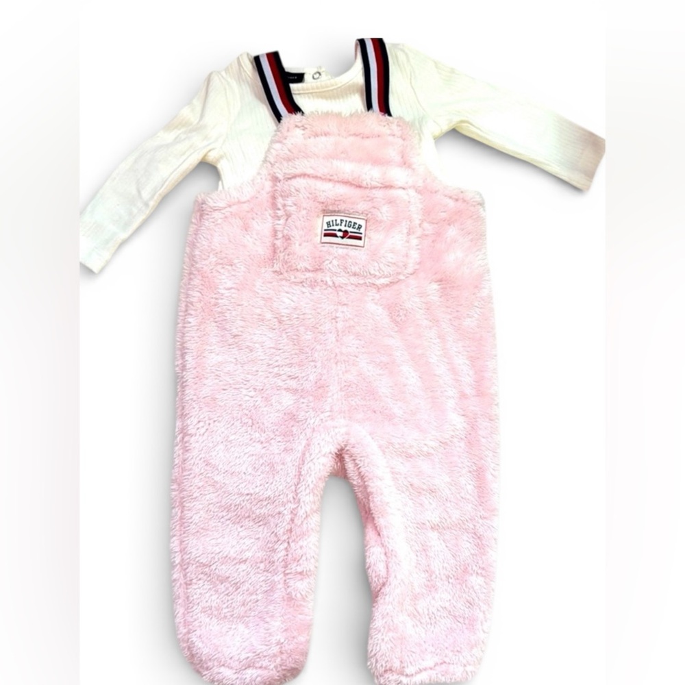 Tommy Hilfiger Pink Fuzzy Overalls with White Shirt